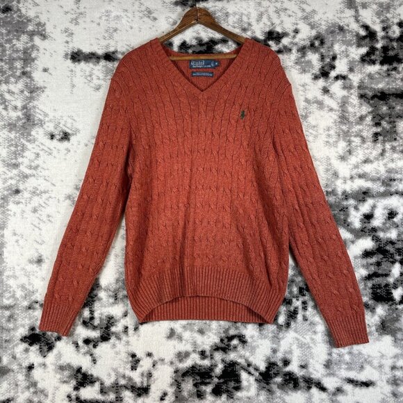 Vintage Polo Ralph Lauren Tussah Silk Sweater Mens Size Medium Orange Cable Knit